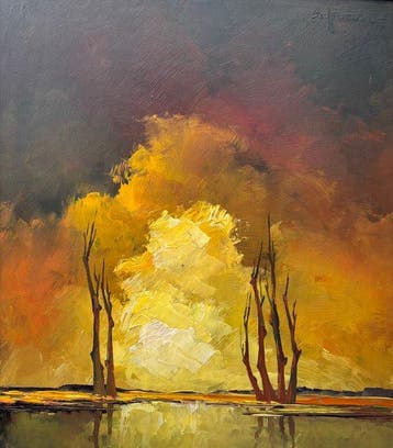 Leonard Jordaens (1944-2000) - Landschap met ondergaande zon