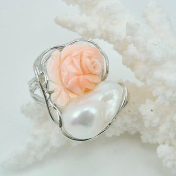 Koraal - Zilver - Ring - Roze koraal en parel