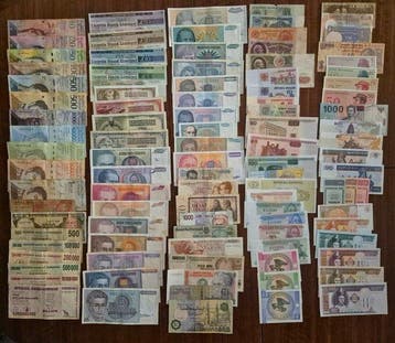 Wereld. - 100 banknotes and cheques - various dates