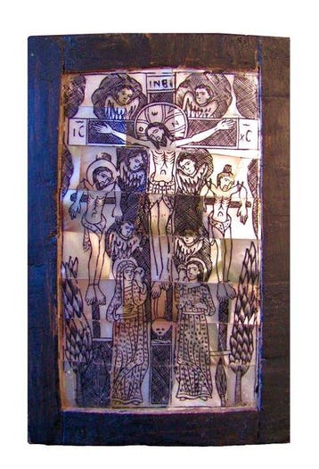 Icoon - Kruisiging van Christus - Hout, parelmoer, Antiek en Kunst