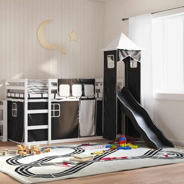 vidaXL Stapelbed met glijbaan en gordijnen wit en zwart, 90 cm, Eenpersoons, Verzenden, Zwart