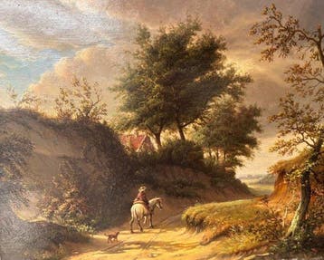 Hollandse School (XIX-XX) - Landschap met ruiter en hond