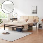 Metalen bed Linköping met matras 160x200 cm zwart en rotan l, Verzenden, Nieuw