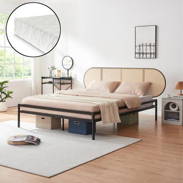 Metalen bed Linköping met matras 160x200 cm zwart en rotan l, Huis en Inrichting, Verzenden, Nieuw