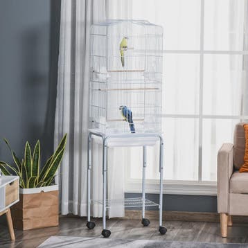 Ruime Vogelkooi met Standaard, Wielen en Opbergplank - 46.5x