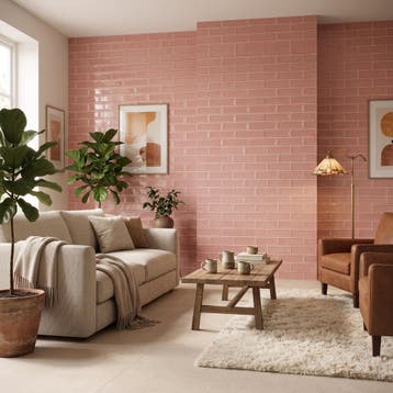 Wandtegel Pamesa Spring Carmin Zalmroze Relieve Glans 7,5x30, Nieuw, 20 tot 40 cm, 10 m² of meer, Wandtegels