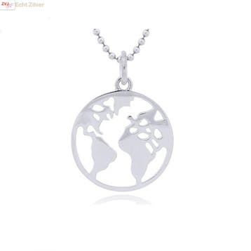 925 Zilveren platte wereldbol kettinghanger, Sieraden, Tassen en Uiterlijk, Kettinghangers, Verzenden, Nieuw, Zilver