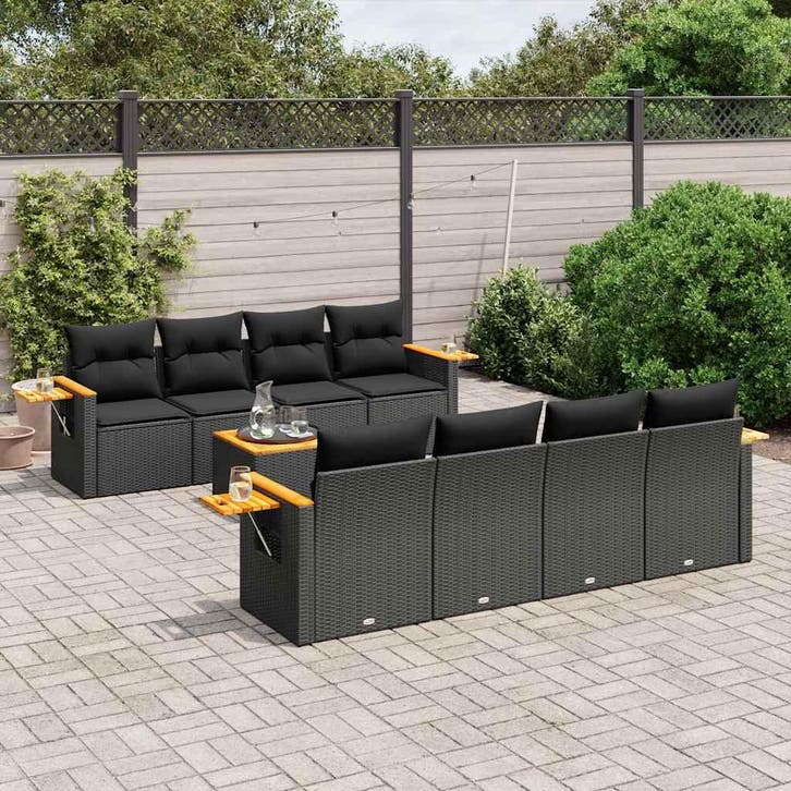 vidaXL 9-delige Loungeset met kussens poly rattan zwart, Tuin en Terras, Tuinsets en Loungesets, Loungeset, Nieuw, Verzenden