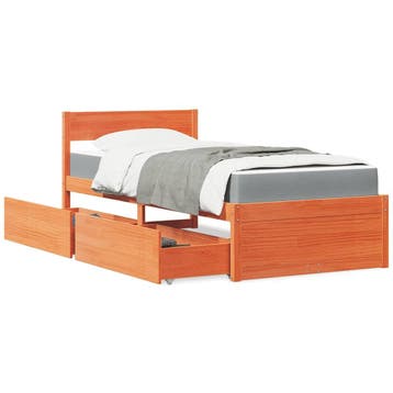 vidaXL Bed met lades en matras massief grenenhout wasbruin, 90 cm, Eenpersoons, Bruin, Verzenden