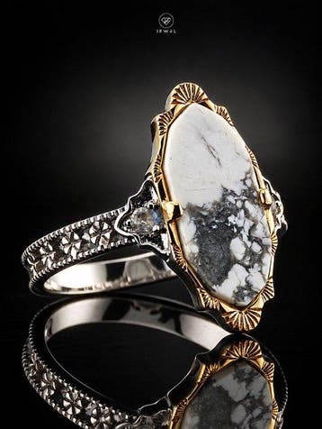 Turkoois cocktailring - 925 sterling zilver - witte steen, Antiek en Kunst