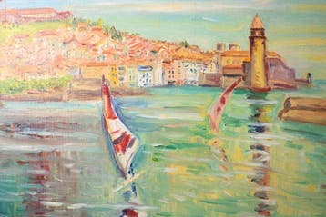 Levendig olieverfschilderij van Collioure met vuurtoren en