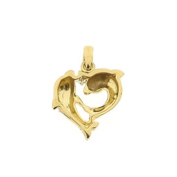 Gouden hanger van twee dolfijnen met diamant 0,015 ct., Sieraden, Tassen en Uiterlijk, Bedels, Ophalen of Verzenden, Gebruikt