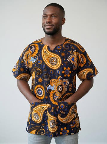Marineblauw Geel Paisley Dashiki Shirt / Dashiki Jurk - Afri, Ophalen of Verzenden, Nieuw