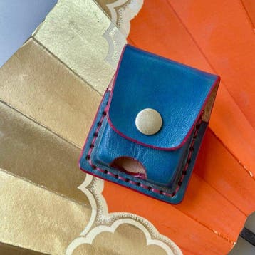 Zippo - Handmade Genuine leather ocean blue-red stitch case, Nieuw