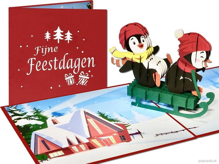 Leuke Kerstkaart Lachende Pinguïns op slee pop-up kaart, Diversen, Wenskaarten, Verzenden