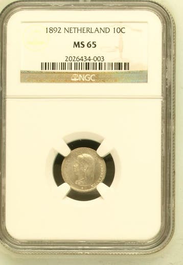 Koningin Wilhelmina 10 cent 1892 MS65 NGC gecertificeerd, Verzenden, Zilver, 10 cent, Koningin Wilhelmina