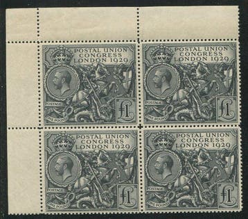 Groot-Brittannië 1929 - £1 black PUC BLOCK OF FOUR CORNER, Gestempeld