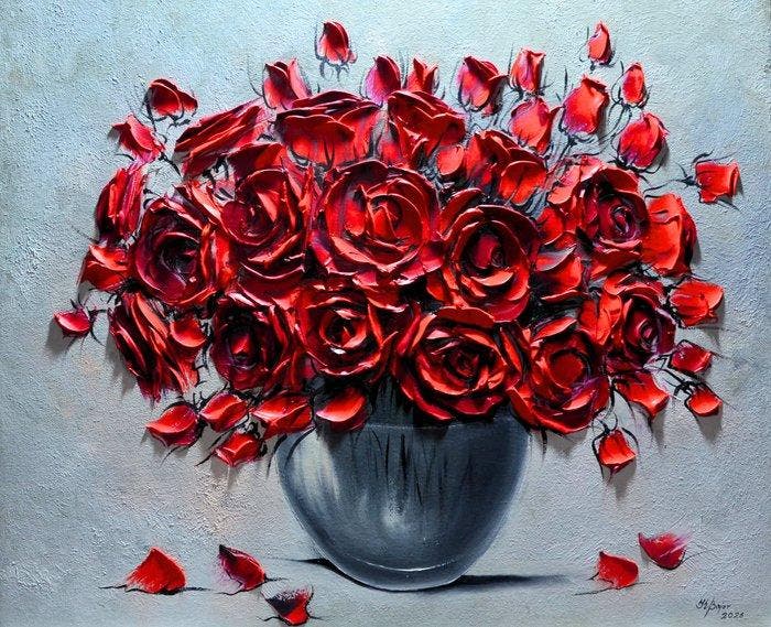 Bajor Kinga - Roses in Vase, Antiek en Kunst, Kunst | Schilderijen | Modern