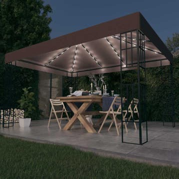 vidaXL Prieel met LED-lichtslinger 4x3 m taupe, Tuin en Terras, Verzenden, Nieuw
