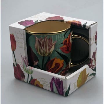 Beker - Mok pretty tulips groen/goud - keramiek incl luxe ka, Ophalen of Verzenden, Nieuw