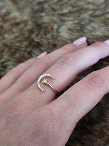 Ring zilver verguld met maan en ster, Ophalen of Verzenden, Nieuw, Zilver, Met strass