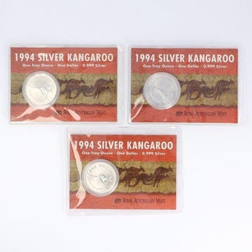 Australië. 1 Dollar 1994 - Silver Kangaroo 1 Oz (3 stuks)