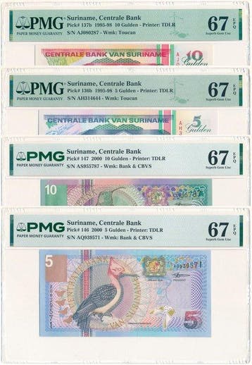 Suriname. - 2 x 5, 2 x 10 Gulden - 1995/2000 (Zonder