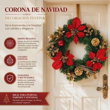 Kunstkerstkrans Rood met Poinsettia & Gouden Dennenappels -, Verzenden, Nieuw