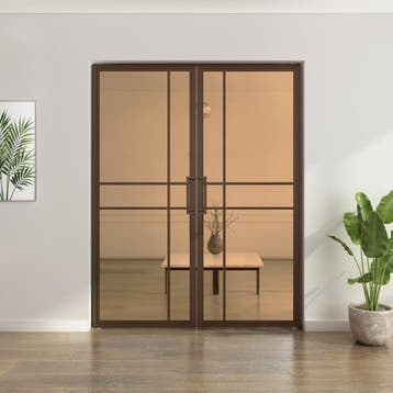 Dubbele stalen taatsdeur 6 Vlaks  Brons Brons rook glas Luxe, Minder dan 80 cm, Overige typen, Nieuw, Metaal