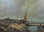 Hollandse School (XIX-XX) - Vissers en zeilschip aan de kust, Antiek en Kunst, Kunst | Schilderijen | Klassiek