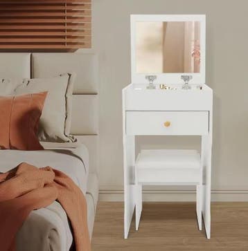 Witte Kaptafel met Spiegel, Kruk en Opbergvakken – Compact, Verzenden, Nieuw