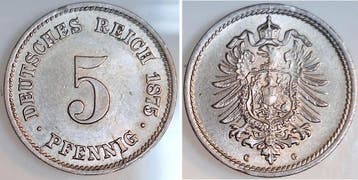 Duitsland 5 Pfennig 1875 G leichter Riffelrand Lichterade..., Verzenden