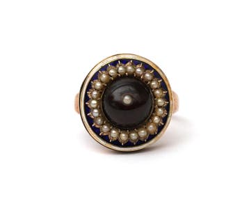 BWG roségouden ring met parels, granaat en blauw emaille, Gebruikt
