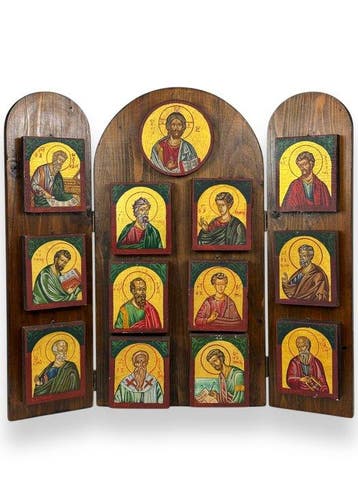 Drieluik - Christus Pantocrator en de Twaalf Apostelen -, Antiek en Kunst