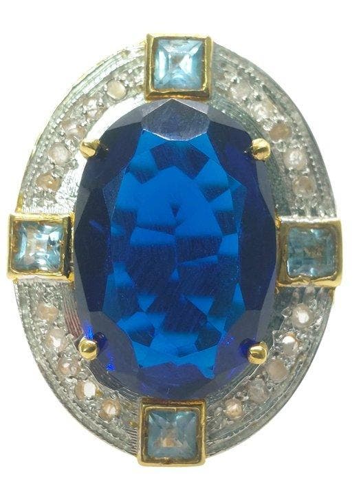 Zonder minimumprijs - Ring - 9 kt. Zilver, Geel goud Saffier, Sieraden, Tassen en Uiterlijk, Ringen