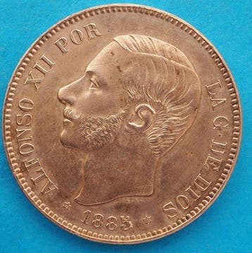 Spanje. Alfonso XII. 5 Pesetas 1885 Estrellas 85-87 Plata