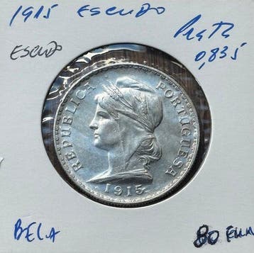 Portugal. Moeda de 1 Escudo de Prata 835 (25g) - 1915, Postzegels en Munten, Munten | Europa | Niet-Euromunten