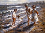 Francis Cristaux (1950) - Fillettes au bord de Mer  Petits, Antiek en Kunst, Kunst | Schilderijen | Klassiek