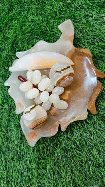 Rare Himalayan Onyx Marble Fruit Set with Handcrafted Leaf
