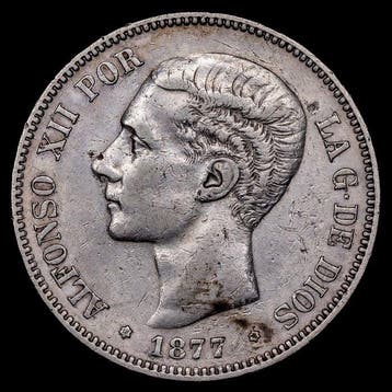 Spanje. Alfonso XII. 5 Pesetas 1877 (*77) - Madrid DEM