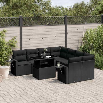 vidaXL 9-delige Loungeset met kussens poly rattan zwart, Verzenden, Nieuw, Loungeset
