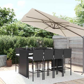 vidaXL 9-delige Tuinbarset met kussens poly rattan zwart, Verzenden, Nieuw, 8 zitplaatsen