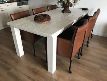 Set van 6 leren kuip eetkamerstoelen met wieltjes in cognac, Ophalen of Verzenden, Nieuw, Leer