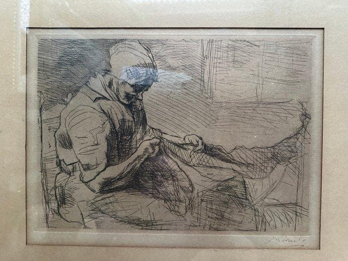 Jozef Israels (1824-1911) - De Nettenboetster, Antiek en Kunst, Antiek | Overige Antiek