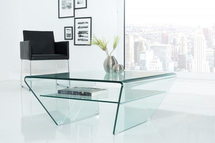 Moderne glazen salontafel FANTOME 70cm trapeziumvormig met, Huis en Inrichting, Tafels | Salontafels, Ophalen of Verzenden