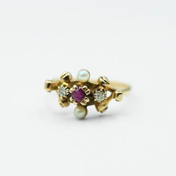 Ring - 14 karaat Geel goud Robijn - Diamant, Nieuw