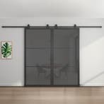 Dubbele stalen schuifdeur - 3 Vlaks - Rook glas*, 75 tot 150 cm, Nieuw, 150 tot 225 cm, Metaal