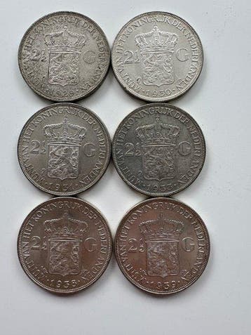 Nederland. Wilhelmina. 2 1/2 Gulden 1929/1939, 6 stuks