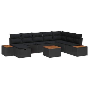 vidaXL Tuinbankenset met kussen 9 pcs Zwart poly rattan, Verzenden, Nieuw, Rotan, Meer dan 8 zitplaatsen