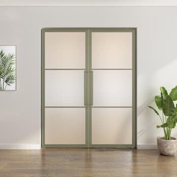 Dubbele stalen taatsdeur - 3 Vlaks - Olijfgroen - Mat glas, Nieuw, Metaal, Overige typen, 200 tot 215 cm